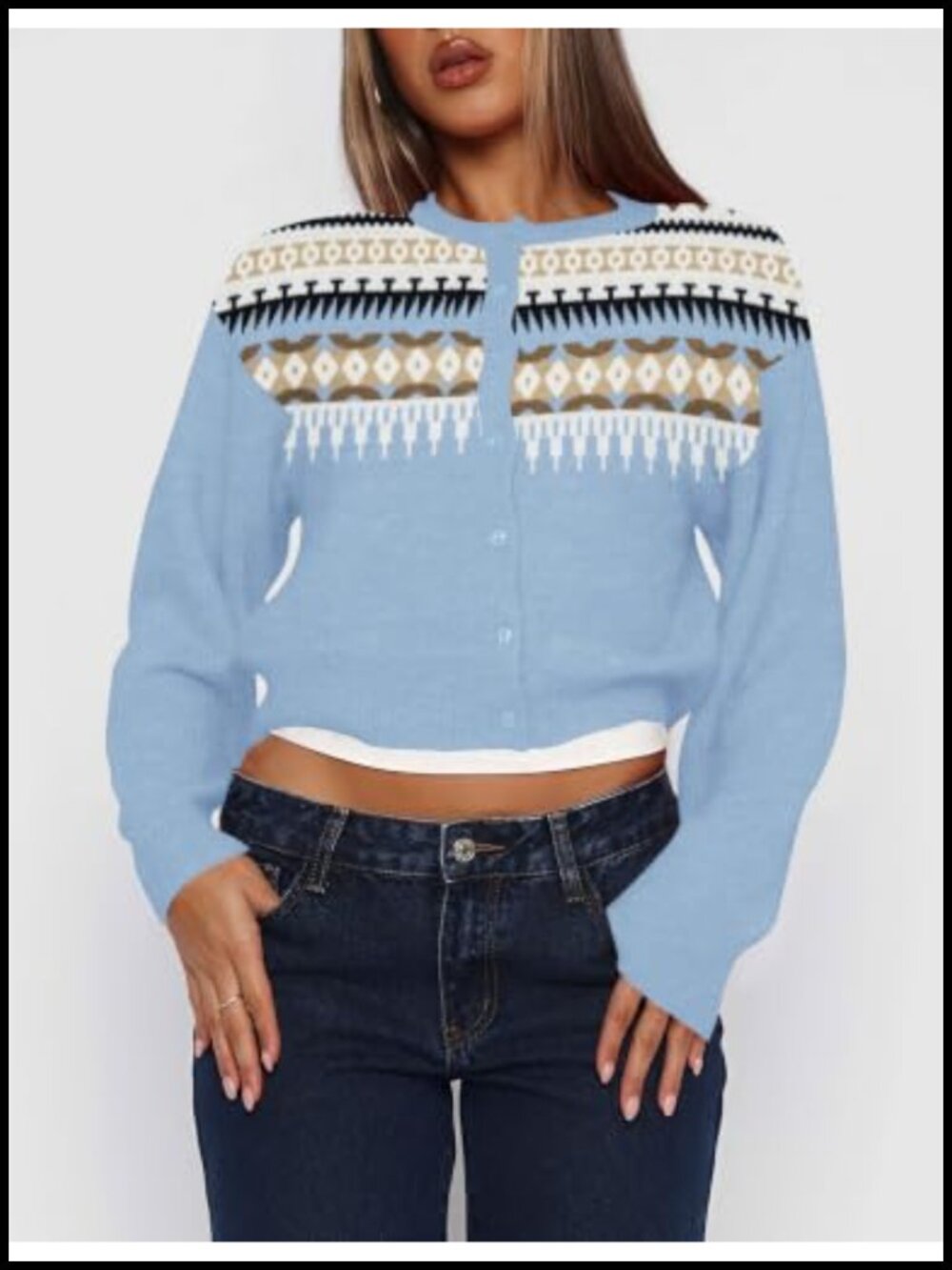 Cropped Cardigan Sweater Crew Neck Long Sleeve Button Up Ribbed Knit - Picture 3 of 5